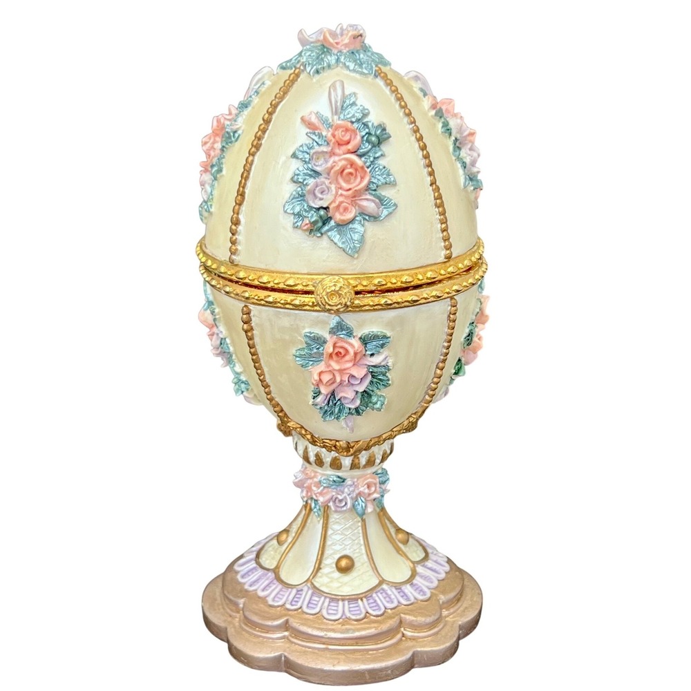 Faberge Style Musical Egg Trinket Box - Floral Resin Jewelry Case - Working